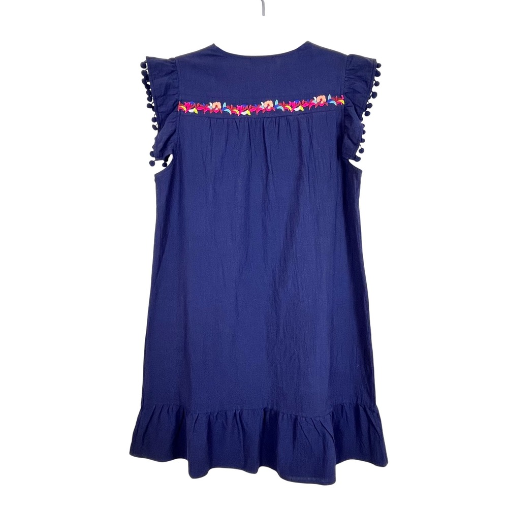 Kirundo Navy Blue Embroidered Pom Pom Ruffle Hem Boho Tunic Dress Medium (C730) - Picture 3 of 8